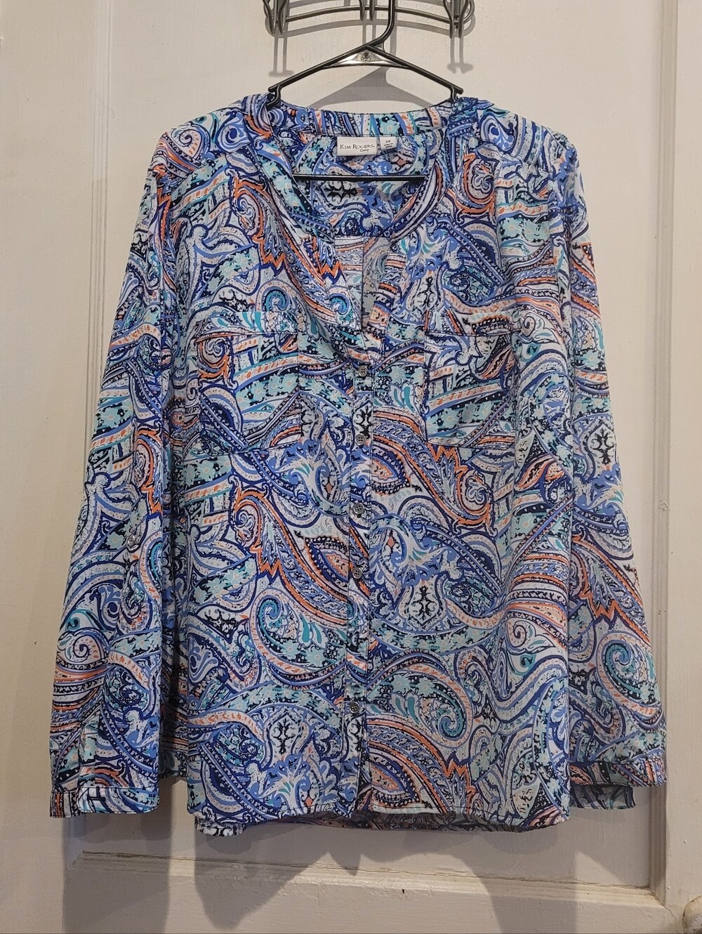 Women's Size 3X Kim Rogers Curvy Long Sleeve Paisley Button Front Blouse V Neck